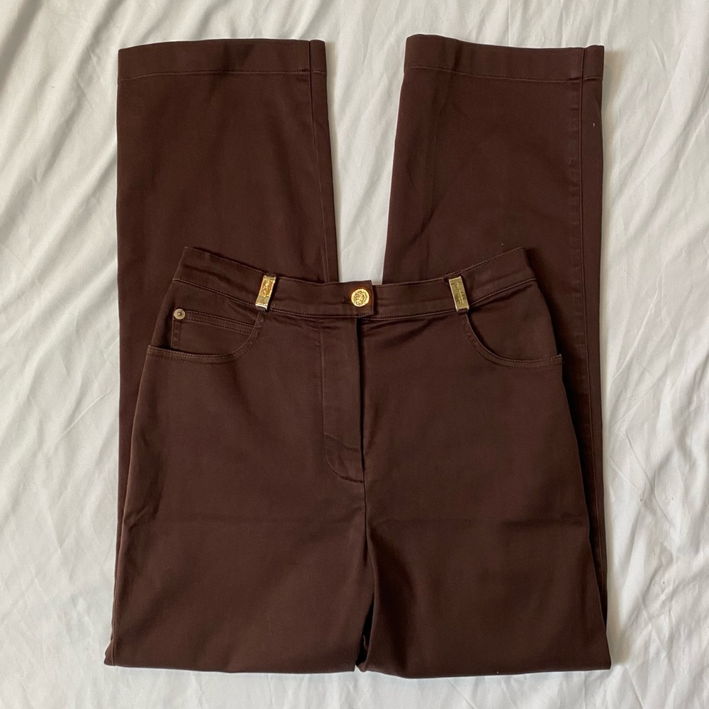 Vintage 90s St. John Women's Brown Pants Trousers w Straight Leg & High Waist, S